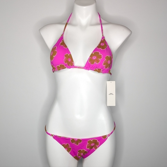 NWT Urban Outfitters Zoey Out From Under Pink Brown Floral String Bikini M/L - Picture 1 of 9